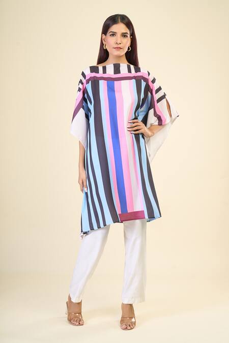 Buy_Naintara Bajaj_Multi Color Georgette Boat Neck Stripe Print Asymmetric Short Kaftan 