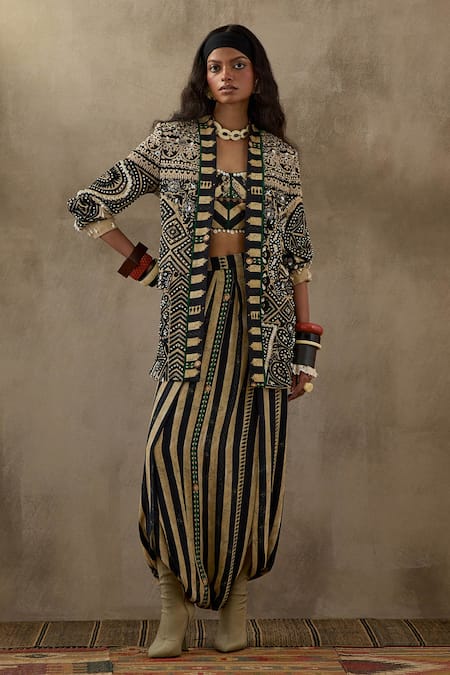 ASEEM KAPOOR Multi Color Jacket Slub Satin And Mushroom Twill Printed Dhana Trouser Set 