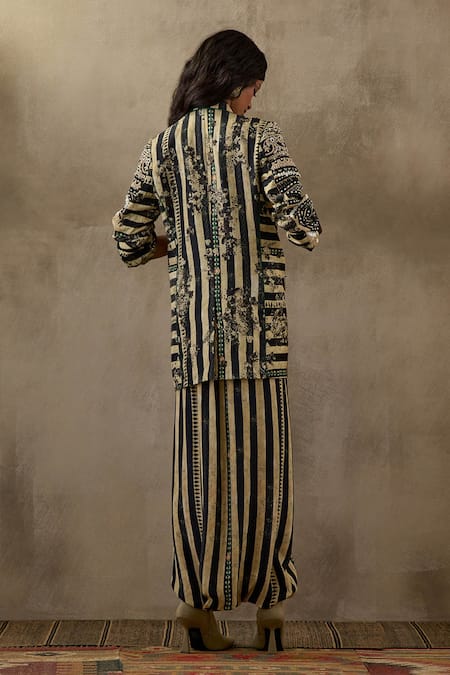 Shop Aseem Kapoor Multi Color Silk, Satin, Cotton Dhana Floral Stripe Print Jacket Trouser Set at Aza Fashions Shop_Aseem Kapoor_Multi Color Silk, Satin, Cotton Dhana Floral Stripe Print Jacket Trouser Set _at_Aza_Fashions