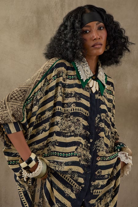 Shop Aseem Kapoor Black Crepe Embroidery Collared Mandala Floral Stripe Print Shirt at Aza Fashions Shop_Aseem Kapoor_Black Crepe Embroidery Collared Mandala Floral Stripe Print Shirt _at_Aza_Fashions