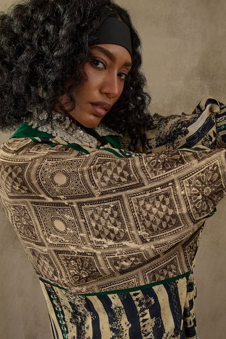 Aseem Kapoor Black Crepe Embroidery Collared Mandala Floral Stripe Print Shirt Online at Aza Fashions Aseem Kapoor_Black Crepe Embroidery Collared Mandala Floral Stripe Print Shirt _Online_at_Aza_Fashions