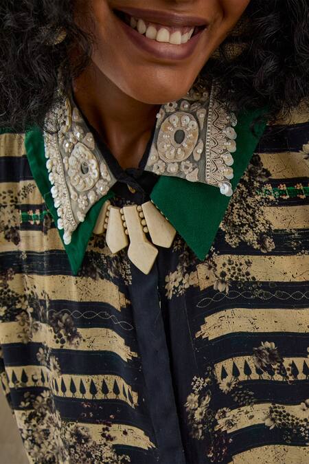 Buy Aseem Kapoor Black Crepe Embroidery Collared Mandala Floral Stripe Print Shirt Online at Aza Fashions Buy_Aseem Kapoor_Black Crepe Embroidery Collared Mandala Floral Stripe Print Shirt _Online_at_Aza_Fashions