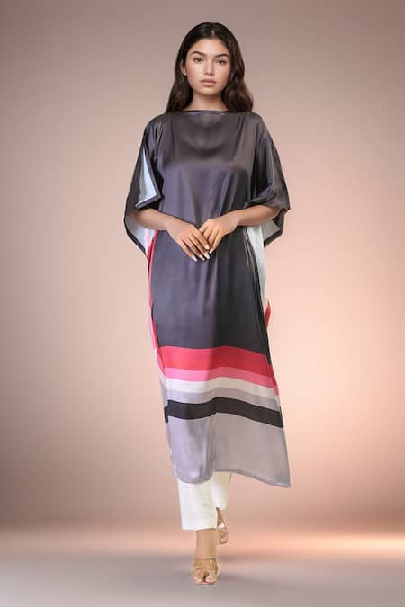 Samyukta Singhania Black Soft Satin Silk Print Stripe Boat Neck Evening Slit Sleeve Kaftan 