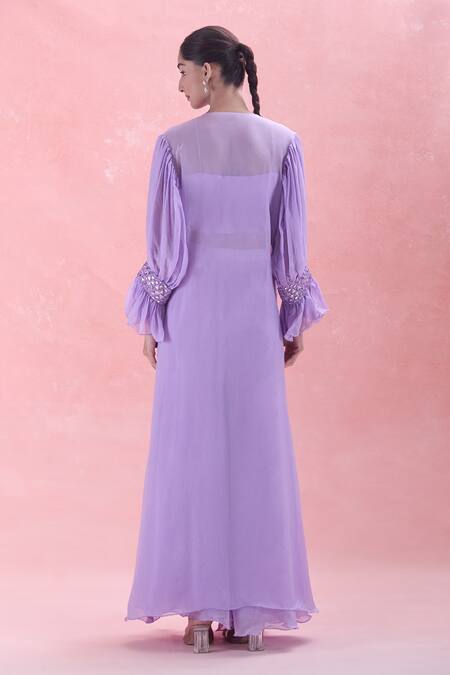 Shop_Ahi Clothing_Purple Chiffon Mirrors, Embroidery Cutout Cape And Palazzo Set_at_Aza_Fashions