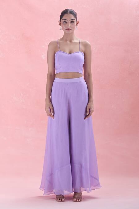 Ahi Clothing_Purple Chiffon Mirrors, Embroidery Cutout Cape And Palazzo Set_Online_at_Aza_Fashions