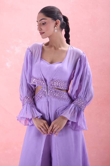 Buy_Ahi Clothing_Purple Chiffon Mirrors, Embroidery Cutout Cape And Palazzo Set_Online_at_Aza_Fashions
