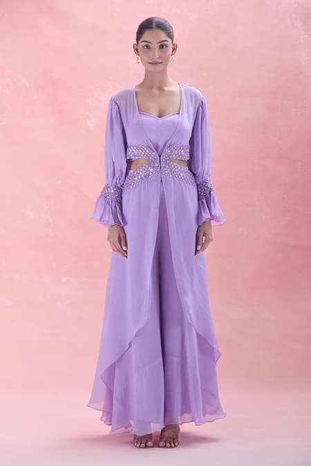 Shop_Ahi Clothing_Purple Chiffon Mirrors, Embroidery Cutout Cape And Palazzo Set_Online_at_Aza_Fashions