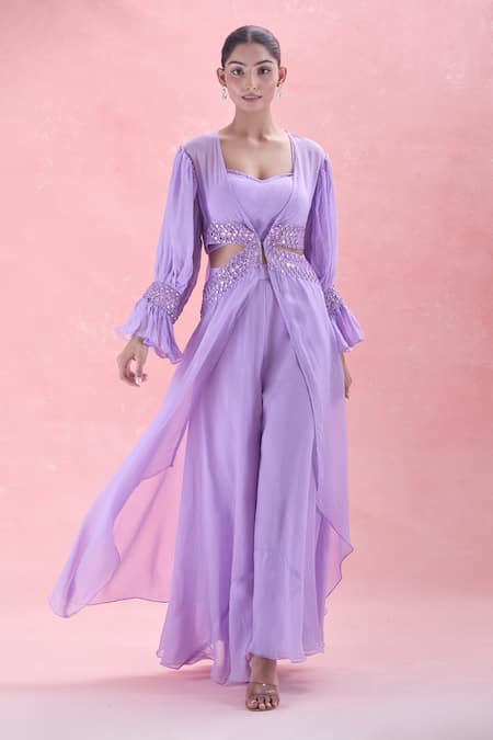 Ahi Clothing_Purple Chiffon Mirrors, Embroidery Cutout Cape And Palazzo Set_at_Aza_Fashions