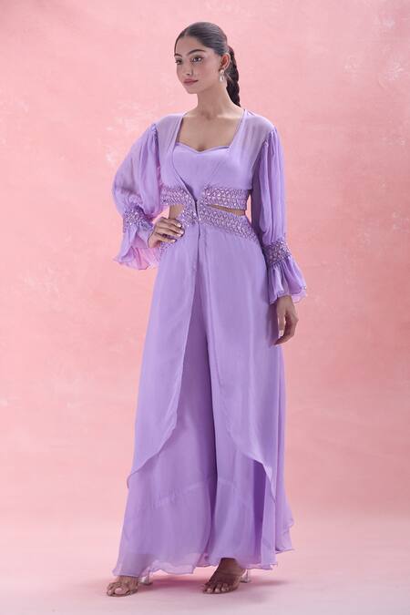 Buy_Ahi Clothing_Purple Chiffon Mirrors, Embroidery Cutout Cape And Palazzo Set