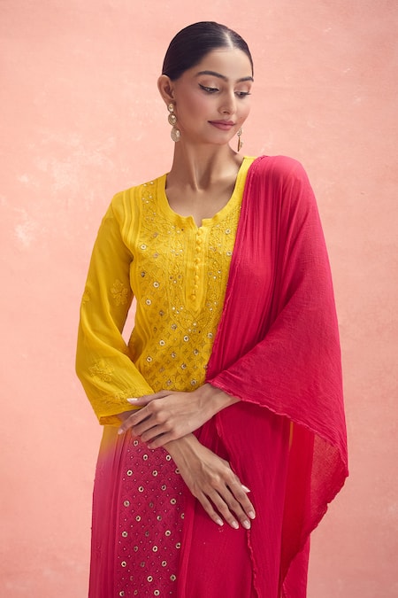 Buy_LABEL AISHWARYRIKA_Yellow Cotton, Chiffon Embroidery, Blazing Fire Chikankari Kurta Palazzo Set _Online_at_Aza_Fashions