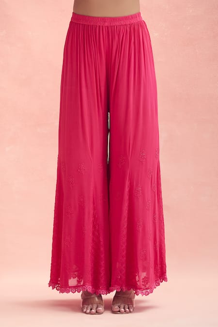 Shop_LABEL AISHWARYRIKA_Yellow Cotton, Chiffon Embroidery, Blazing Fire Chikankari Kurta Palazzo Set _Online_at_Aza_Fashions