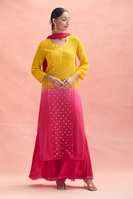 LABEL AISHWARYRIKA_Yellow Cotton, Chiffon Embroidery, Blazing Fire Chikankari Kurta Palazzo Set _at_Aza_Fashions