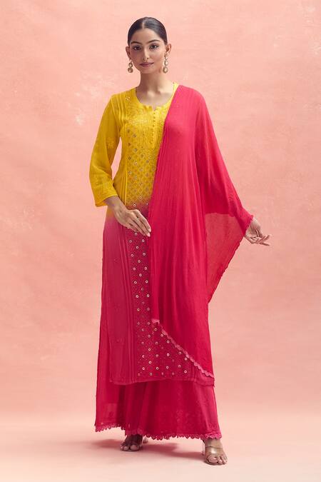 Buy_LABEL AISHWARYRIKA_Yellow Cotton, Chiffon Embroidery, Blazing Fire Chikankari Kurta Palazzo Set 