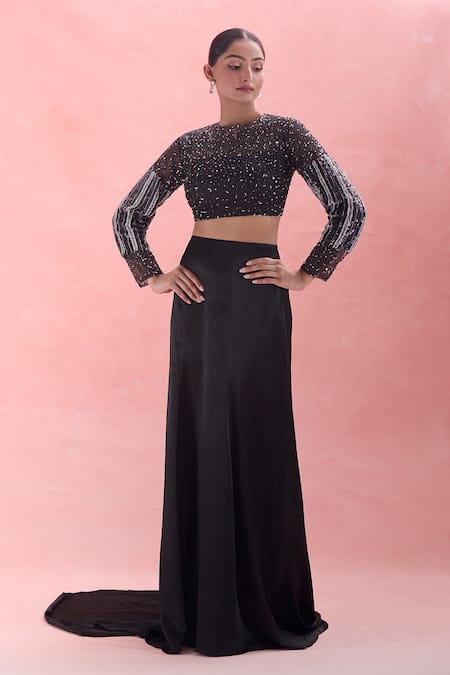 Masumi Mewawalla Sequin Embroidered Crop Top & Trail Skirt Set 