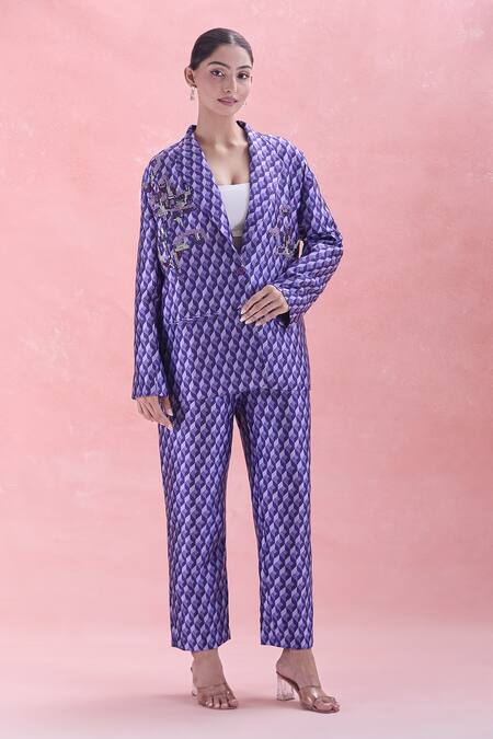 Pankaj & Nidhi_Purple Embroidery Dawn Print Blazer And Pant Co-ord Set_Online_at_Aza_Fashions