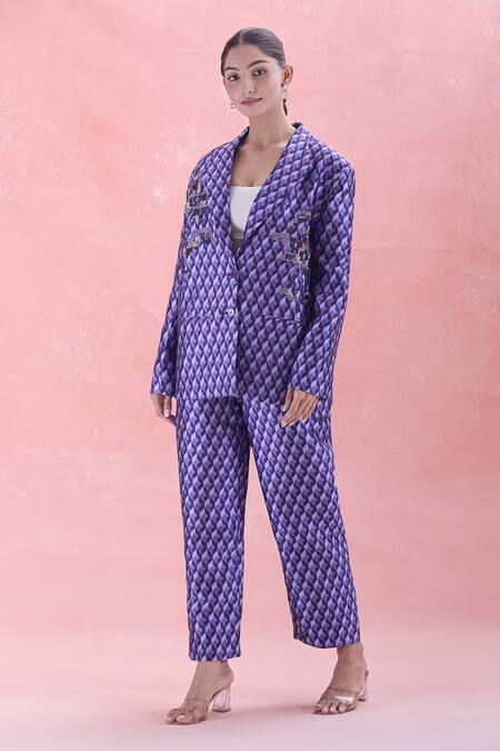 Buy_Pankaj & Nidhi_Purple Embroidery Dawn Print Blazer And Pant Co-ord Set_Online_at_Aza_Fashions