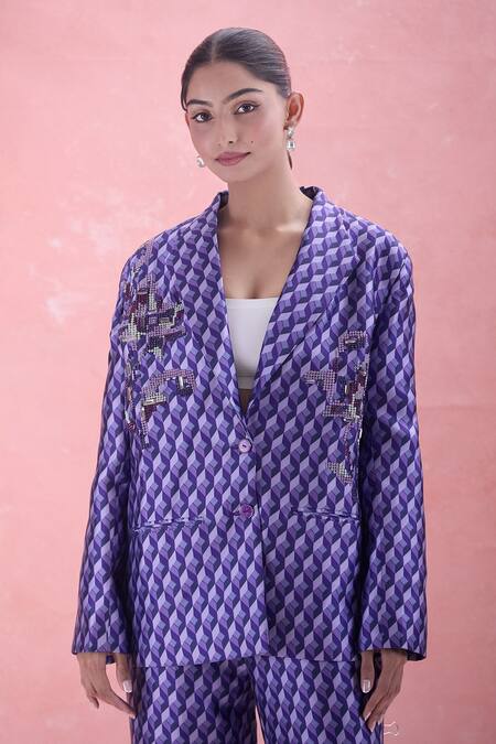 Shop_Pankaj & Nidhi_Purple Embroidery Dawn Print Blazer And Pant Co-ord Set_Online_at_Aza_Fashions