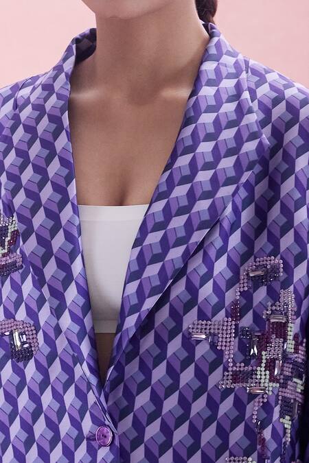 Buy_Pankaj & Nidhi_Purple Embroidery Dawn Print Blazer And Pant Co-ord Set