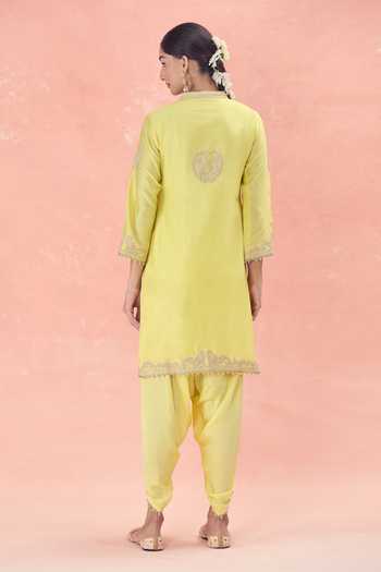 Sheetal Batra Yellow Chanderi Embroidery Mandarin Collar Ashira Silk Kurta And Tulip Pant Set Online at Aza Fashions Sheetal Batra_Yellow Chanderi Embroidery Mandarin Collar Ashira Silk Kurta And Tulip Pant Set_Online_at_Aza_Fashions