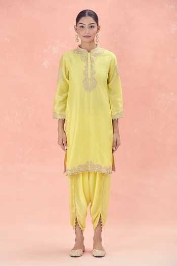 Buy Sheetal Batra Yellow Chanderi Embroidery Mandarin Collar Ashira Silk Kurta And Tulip Pant Set Online at Aza Fashions Buy_Sheetal Batra_Yellow Chanderi Embroidery Mandarin Collar Ashira Silk Kurta And Tulip Pant Set_Online_at_Aza_Fashions