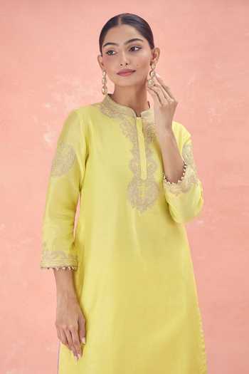 Shop Sheetal Batra Yellow Chanderi Embroidery Mandarin Collar Ashira Silk Kurta And Tulip Pant Set Online at Aza Fashions Shop_Sheetal Batra_Yellow Chanderi Embroidery Mandarin Collar Ashira Silk Kurta And Tulip Pant Set_Online_at_Aza_Fashions