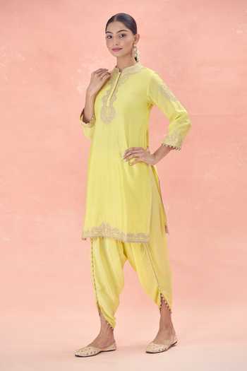Buy Sheetal Batra Yellow Chanderi Embroidery Mandarin Collar Ashira Silk Kurta And Tulip Pant Set Buy_Sheetal Batra_Yellow Chanderi Embroidery Mandarin Collar Ashira Silk Kurta And Tulip Pant Set