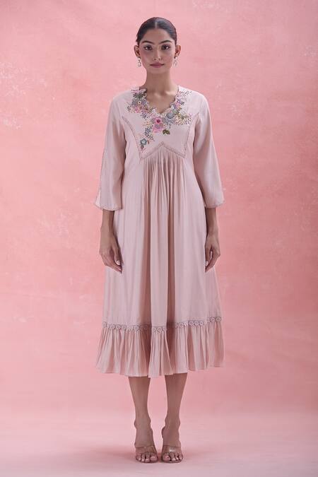 Whimsical By Shica Pink Cotton Embroidery Floral Hand Dress Online at Aza Fashions Whimsical By Shica_Pink Cotton Embroidery Floral Hand Dress_Online_at_Aza_Fashions