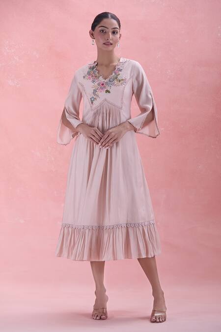 Shop Whimsical By Shica Pink Cotton Embroidery Floral Hand Dress Online at Aza Fashions Shop_Whimsical By Shica_Pink Cotton Embroidery Floral Hand Dress_Online_at_Aza_Fashions