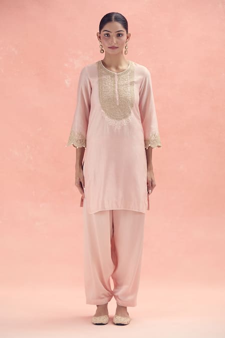 Sheetal Batra_Pink Bamboo, Silk Fabric Flowers, Embroidery Round Neck Mohsina Choga And Salwar _Online_at_Aza_Fashions