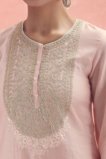 Sheetal Batra_Pink Bamboo, Silk Fabric Flowers, Embroidery Round Neck Mohsina Choga And Salwar _at_Aza_Fashions