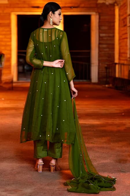 Shop_Bannhi By Priyanka Rathore_Green Georgette Embroidery Round Neck Aari Butti Anarkali Pant Set _at_Aza_Fashions