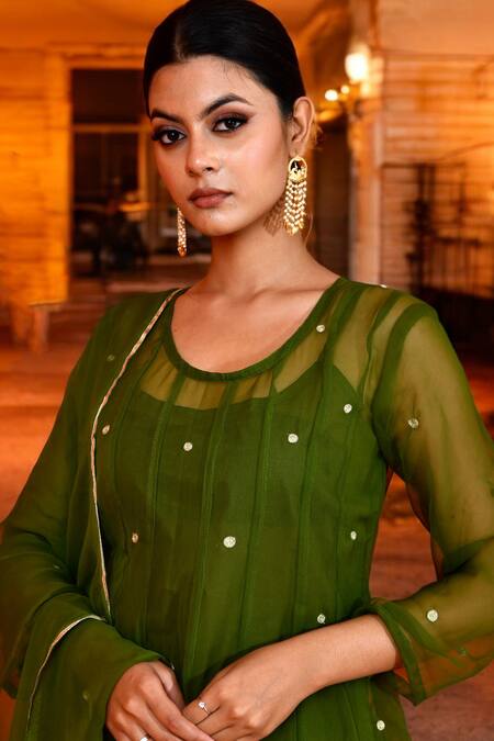 Buy_Bannhi By Priyanka Rathore_Green Georgette Embroidery Round Neck Aari Butti Anarkali Pant Set _Online_at_Aza_Fashions