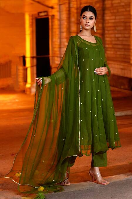 Shop_Bannhi By Priyanka Rathore_Green Georgette Embroidery Round Neck Aari Butti Anarkali Pant Set _Online_at_Aza_Fashions