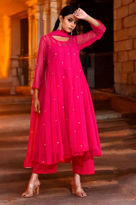 Bannhi By Priyanka Rathore_Fuchsia Georgette Embroidery Round Neck Butti Aari Anarkali Pant Set _Online_at_Aza_Fashions