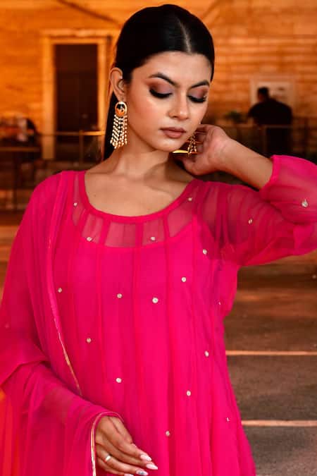 Buy_Bannhi By Priyanka Rathore_Fuchsia Georgette Embroidery Round Neck Butti Aari Anarkali Pant Set _Online_at_Aza_Fashions