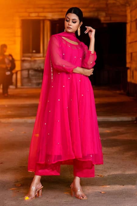 Shop_Bannhi By Priyanka Rathore_Fuchsia Georgette Embroidery Round Neck Butti Aari Anarkali Pant Set _Online_at_Aza_Fashions