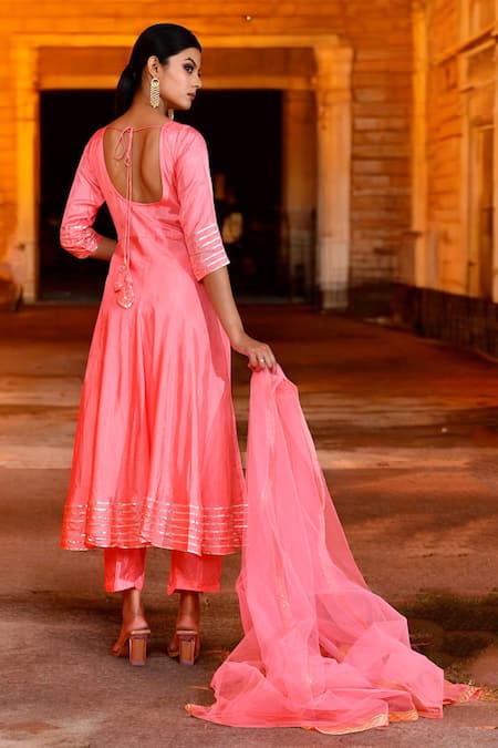 Shop Bannhi By Priyanka Rathore Pink Silk, Chiffon Gota Patti Lace Embellished Anarkali Pant Set at Aza Fashions Shop_Bannhi By Priyanka Rathore_Pink Silk, Chiffon Gota Patti Lace Embellished Anarkali Pant Set _at_Aza_Fashions