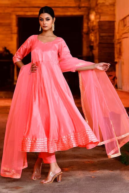 Bannhi By Priyanka Rathore Pink Silk, Chiffon Gota Patti Lace Embellished Anarkali Pant Set Online at Aza Fashions Bannhi By Priyanka Rathore_Pink Silk, Chiffon Gota Patti Lace Embellished Anarkali Pant Set _Online_at_Aza_Fashions
