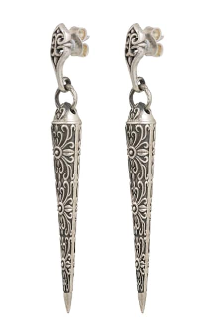 Shop Anuka Jewels Silver Plated Floral Swirl Carved Earrings at Aza Fashions Shop_Anuka Jewels_Silver Plated Floral Swirl Carved Earrings _at_Aza_Fashions