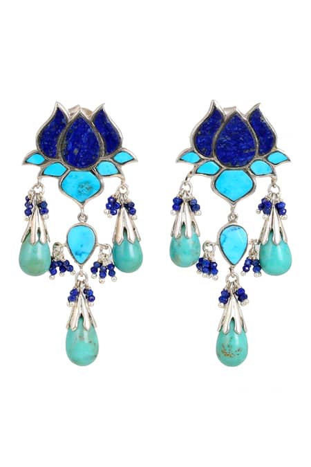 Anuka Jewels Silver Plated Lace, Stones Turquoise Drop Lotus Earrings 