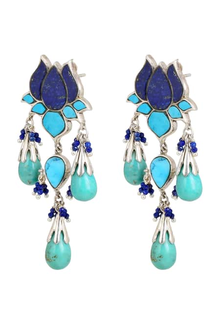 Shop Anuka Jewels Silver Plated Lace, Stones Turquoise Drop Lotus Earrings at Aza Fashions Shop_Anuka Jewels_Silver Plated Lace, Stones Turquoise Drop Lotus Earrings _at_Aza_Fashions