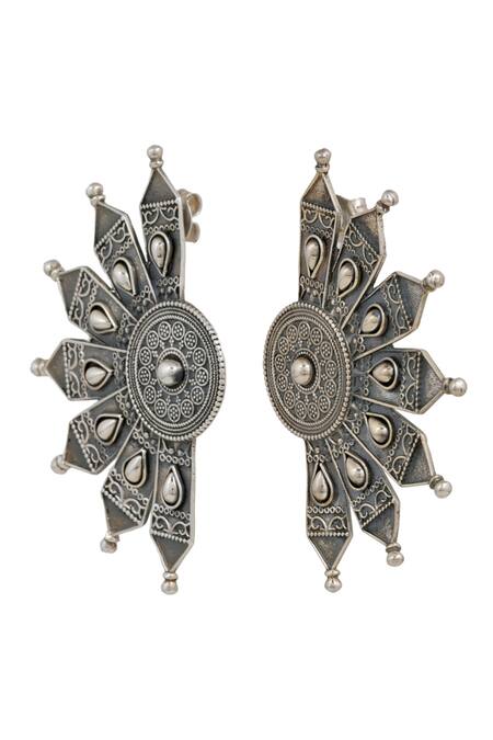 Shop Anuka Jewels Silver Plated Floral Cut-out Carved Earrings at Aza Fashions Shop_Anuka Jewels_Silver Plated Floral Cut-out Carved Earrings _at_Aza_Fashions