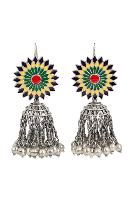 Anuka Jewels Silver Plated Beads Floral Enamelled Tasselled Jhumka 