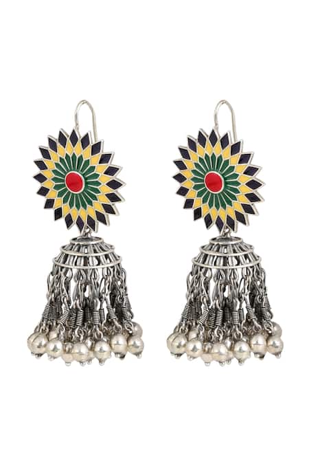 Shop Anuka Jewels Silver Plated Beads Floral Enamelled Tasselled Jhumka at Aza Fashions Shop_Anuka Jewels_Silver Plated Beads Floral Enamelled Tasselled Jhumka _at_Aza_Fashions
