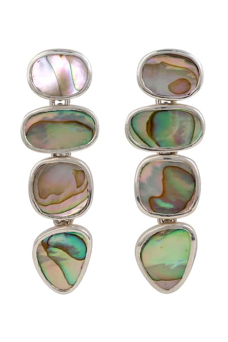 Shop Anuka Jewels Silver Plated Stones Abalone Embellished Geometric Earrings at Aza Fashions Shop_Anuka Jewels_Silver Plated Stones Abalone Embellished Geometric Earrings _at_Aza_Fashions