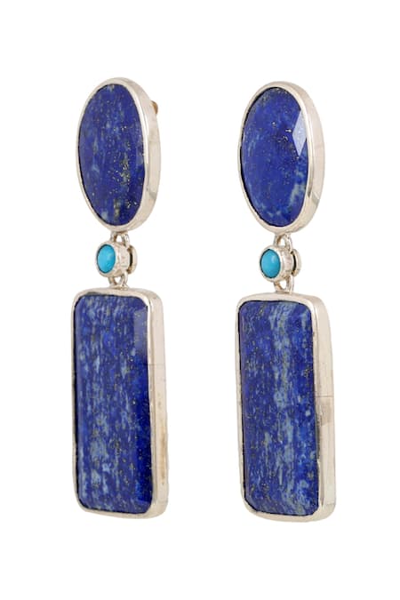 Shop Anuka Jewels Silver Plated Lace, Stones Lapis Embellished Geometric Earrings at Aza Fashions Shop_Anuka Jewels_Silver Plated Lace, Stones Lapis Embellished Geometric Earrings _at_Aza_Fashions
