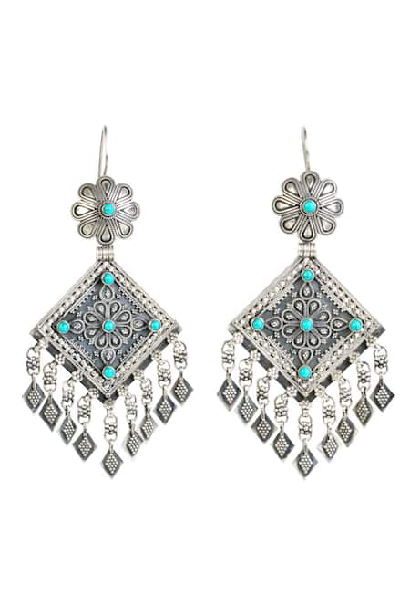 Anuka Jewels Silver Plated Turquoise Bloom Crest Stone Embellished Tribal Earrings 