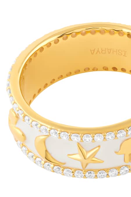 Isharya_White Crystals Charmed Moon Enamelled Hoops_Online_at_Aza_Fashions