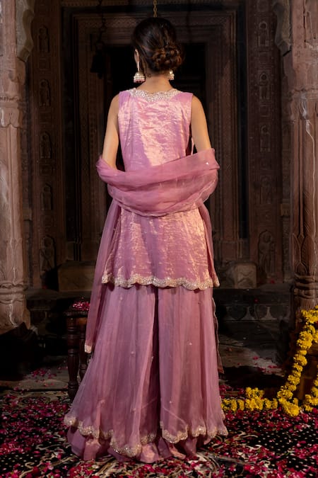 Shop_Farha Syed_Pink Chanderi Silk, Organza, Taffeta Cut Work, Scallop Border Peplum Kurta Set _at_Aza_Fashions