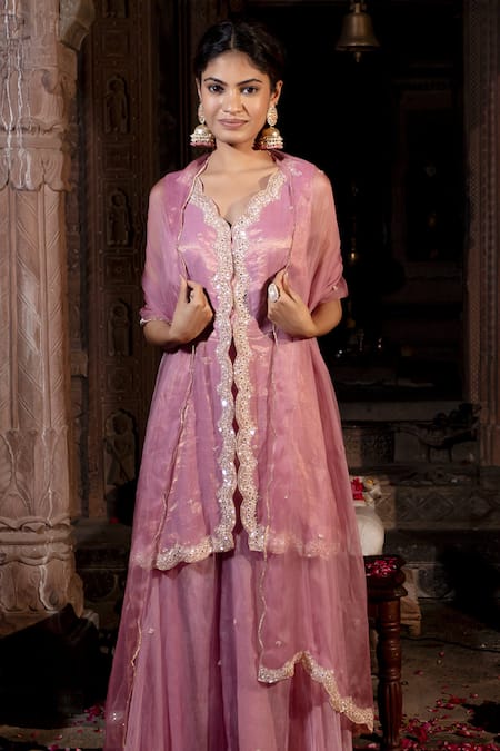 Buy_Farha Syed_Pink Chanderi Silk, Organza, Taffeta Cut Work, Scallop Border Peplum Kurta Set _Online_at_Aza_Fashions